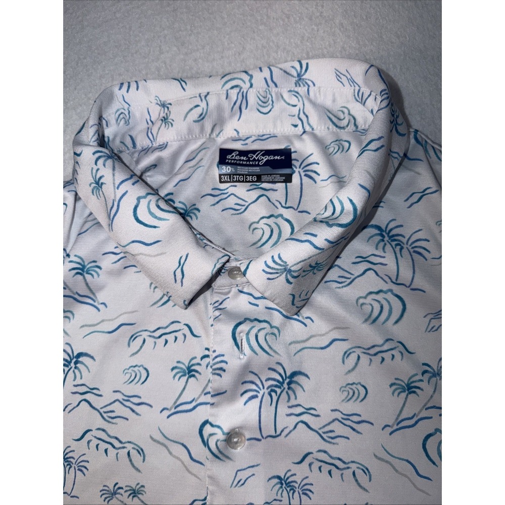 Ben Hogan Performance Polo Shirt Mens 3X White Blue Island Waves Tree Golf Print